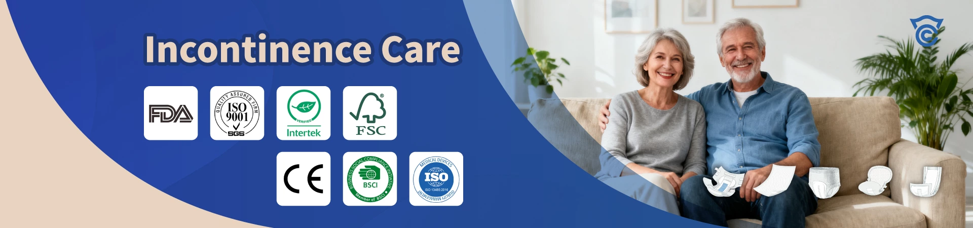 Wholesome Hygiene Incontinence Care banner with FDA CE ISO certifications for global medical supply